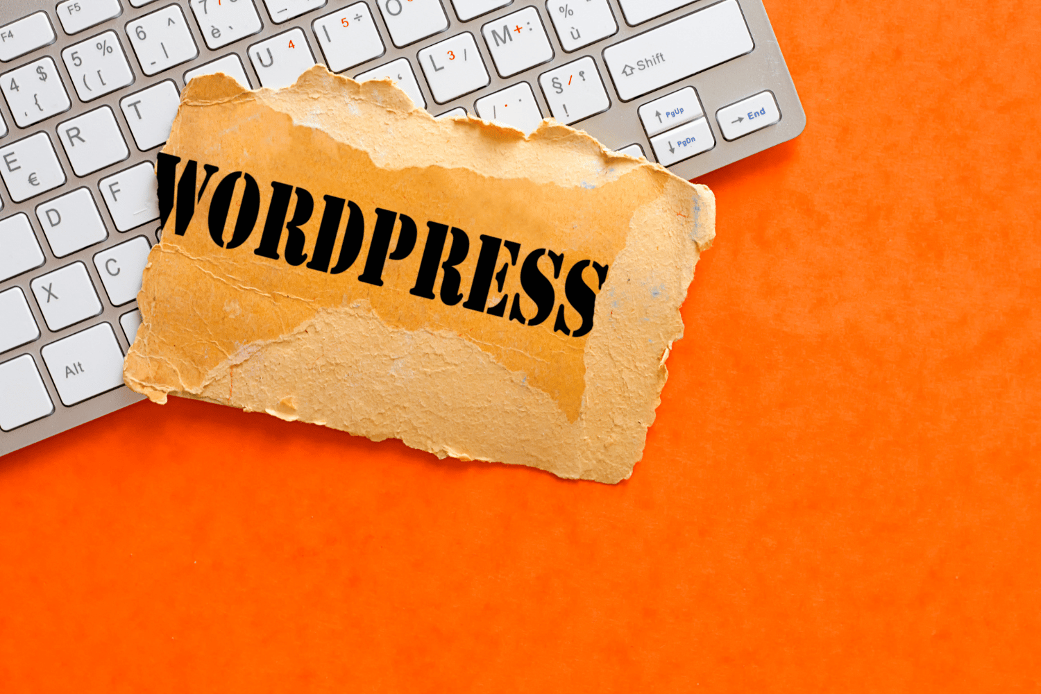 Wordpress written on cardboard with a keyboard in the background